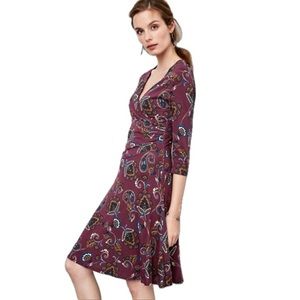 Garnet Hill Brianna Wrap Dress Size Large Burgundy Paisley Viscose Knit Lined